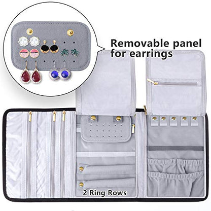 Teamoy Velvet Travel Jewelry Roll Organizer, Jewelry Storage Bag, Black | Foldable Jewelry Case for Necklaces, Earrings, Bracelets, Rings, Large, Soft, Compact and Easy to Carry - color: Velvet-Black