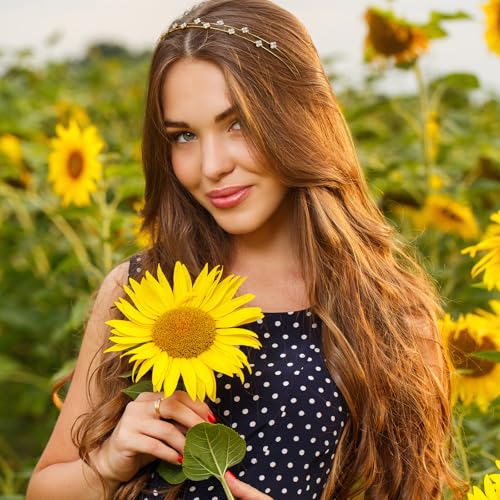Bremorou 4 Pcs Girls Gold Headband Bridal Headband Crystal Flower Prom Headpiece Flower Leaf Tiara Crown Head Band Wedding Hair Accessories for Women Festival Gifts 5.51× 4.52 Inch