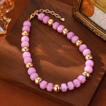 Resin Chunky Colorful Beaded Necklace | Adjustable Boho Statement Necklace,Summer Beach Party Jewelry - color: Pinkish-purple
