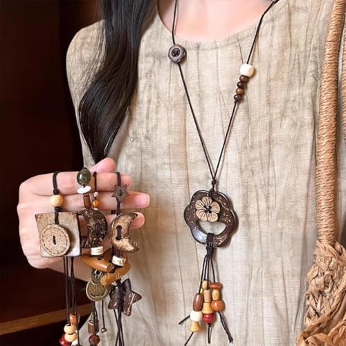 Boho Necklace for Women Long Layered Wooden Leather Leaf Pendant Statement Necklace Vintage Boho Jewelry - style: Flower B
