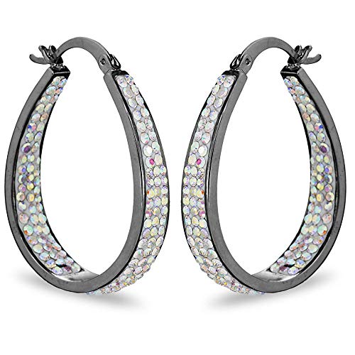 Savlano Inside Out Oval Shape Crystal Hoop Earrings For Women Comes With Savlano Gift Box - color: Gun Metal