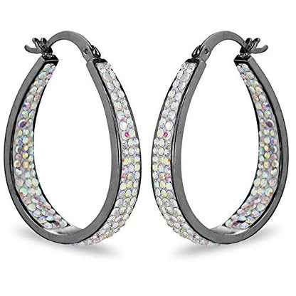 Savlano Inside Out Oval Shape Crystal Hoop Earrings For Women Comes With Savlano Gift Box - color: Gun Metal