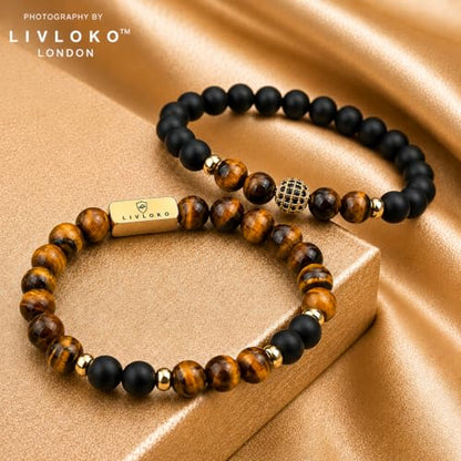LONDON Mens Bracelet Leather Black Multi-Layer Stone Beads Adjustable Steel Clasp Viking Rope Bands Surfer Man Wristband Male UK Jewellery Gift box Boyfriend Dad Son Brother Tiger Eye - color: H. Tiger-Eye Black Agate Stacked, size: Large to Extra Large 2