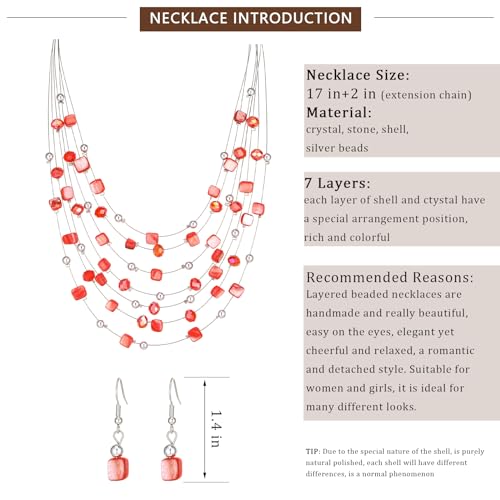 Multi-Layer Boho Shell Beaded Necklace for Women Colorful Crystal Strand with Silver Beads Statement Collars Necklace and Earrings Costumes Jewelry Sets for Women - color: Red