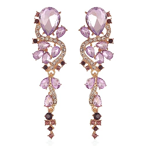 Fashion Rhinestone Statement Drop Dangle Earrings Long Colorful Crystal Bridal Wedding Teardrop Chandelier Earrings for Women Prom Pageant - color: Purple