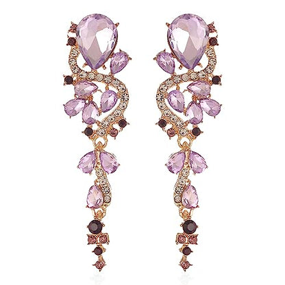 Fashion Rhinestone Statement Drop Dangle Earrings Long Colorful Crystal Bridal Wedding Teardrop Chandelier Earrings for Women Prom Pageant - color: Purple