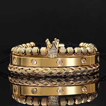 WFYOU 3PCS Stainless Steel Imperial Crown Bracelets for Men Gold Roman Numeral Bangle Bracelet Adjustable Cuff Bracelet Mens Luxury Jewelry Gifts - style: 01:Gold-Cubic Zirconia