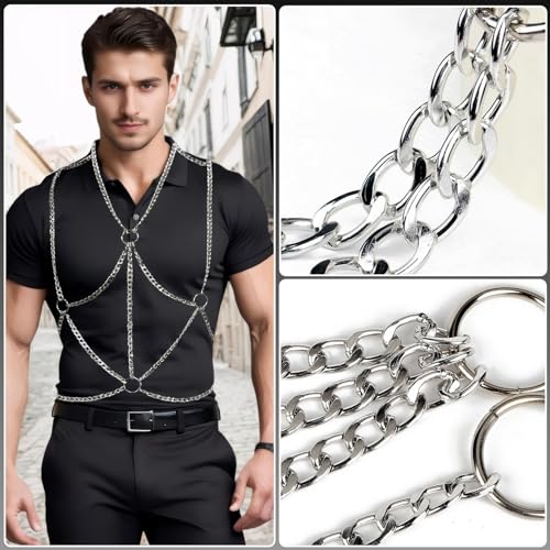 Men's Chest Belt Chain Costume Fashion Festival Outfit | Male Goth Shirt Shoulder Belt Mens Rave Outfit for Festival Party Rave Halloween Cosplay - color: Silver