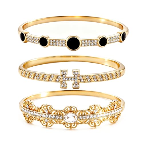 3 Pack Vintage Series Gold Bangle Bracelet Set for Women Stackable Jewelry | 18K Gold Plated Non Tarnish Waterproof Vintage jewelry Long Lasting Luster Fade Resistant Fits Most Wrists - color: Luxury Gemstone Style-Black