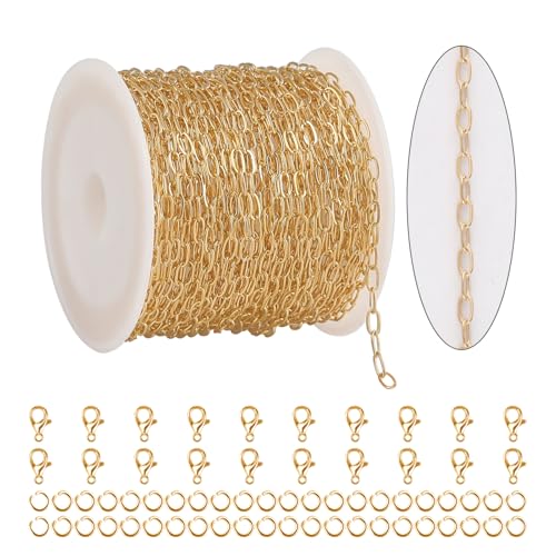 KYUNHOO 32.8FT/10M KC Gold Plated Iron Jewelry Making Chains Small Paperclip Chain Spool on Roll for Craft Making with Lobster Clasps and Jump Rings - color: Thin Paperclip Gold
