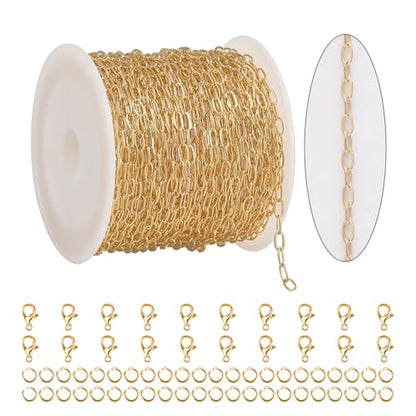 KYUNHOO 32.8FT/10M KC Gold Plated Iron Jewelry Making Chains Small Paperclip Chain Spool on Roll for Craft Making with Lobster Clasps and Jump Rings - color: Thin Paperclip Gold