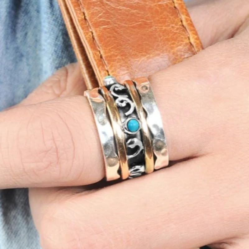 Bohemian Blue Synthetic Gemstone Two Tone Wide Rings for Women Daily Casual Party Rings Jewelry - color: Silver&Gold