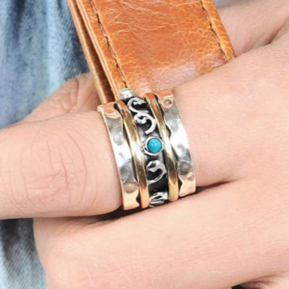 Bohemian Blue Synthetic Gemstone Two Tone Wide Rings for Women Daily Casual Party Rings Jewelry - color: Silver&Gold