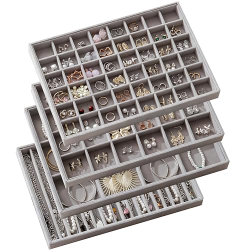 Large Jewelry Drawer Organizer Trays Set of 4, Stackable Velvet Jewelry Trays Organizer Holder Display Storage Showcase for Earring Necklace Bracelet Ring Accessary (Gray, 12+17+24+48 Grids) - color: Gray, size: 12+17+24+48 Grids