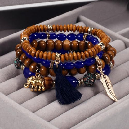 4Pcs Bohemia Multilayer Stackable Elephant Leaf Tassel Bracelets Colorful Wooden Resin Beaded Stretch Bracelets for Women Men Summer Beach Boho Vacation Hawaii Jewelry Gifts - style: StyleD