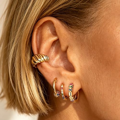 Dremmy Studios Dainty CZ Huggie Hoop Earrings 14K Gold Plated Chunky Simple Cute Thick Round Frill Bead Ball Starburst Cuff Earrings Cubic Zirconia Hoop Earrings Minimalist Personalized Gift for Her - color: Rainbow A