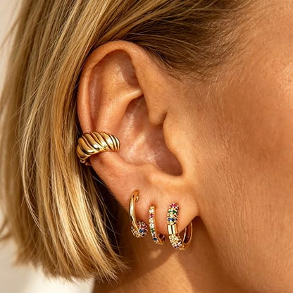 Dremmy Studios Dainty CZ Huggie Hoop Earrings 14K Gold Plated Chunky Simple Cute Thick Round Frill Bead Ball Starburst Cuff Earrings Cubic Zirconia Hoop Earrings Minimalist Personalized Gift for Her - color: Rainbow A