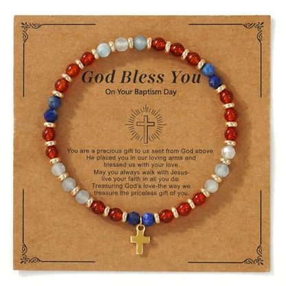 Christian Colorful Natural Gemstones Stone Seed Beaded Bracelets for women Men, Handmade Gold Cross Healing Crystal Jewelry, Lucky Amulet Faith Daily Party Friendship Holiday Gift - color: Red Garnet