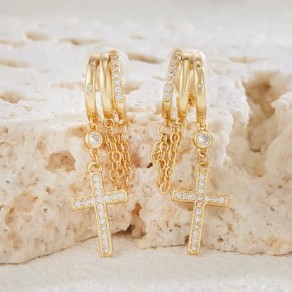 YOQUCOL Gold Plated Y2K Clip On Hoop Earrings for Women,Sweet Cool Edgy Trendy Layered Hoop with Tassel Chain Dangle, Non Pierced Jewelry Gifts - color: Cross