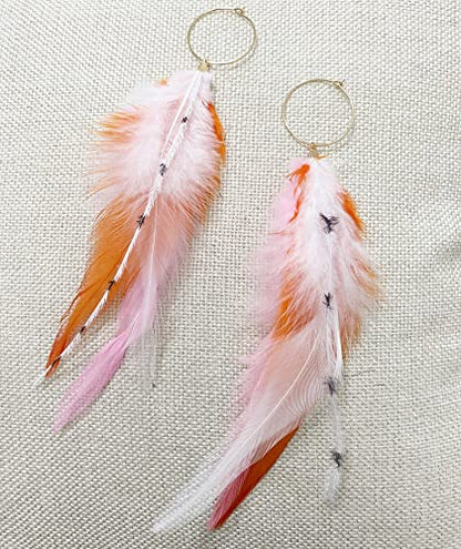 Long Bohemian Pheasant Feathers Statement Earrings Handmade Natural Lightweight Feather Dangle Earrings for Women (ea000067) - color: Pink&Brown