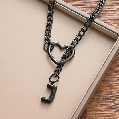 sroyte Black Heart Slip Chain Initial Necklaces for Women,Stainless Steel O-Ring Adjustable Lariat Heart Y-Necklace,Punk Gothic Cuban Collar Choker Necklace for women - color: Black J