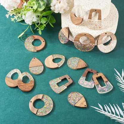 Beadthoven 16Pcs/8 Pairs Resin Wood Earrings Pendants, Colorful Glittery Clear Wooden Charms Pieces Boho Earrings Making Kit for Jewelry Making DIY Craft Women Mix Shapes - color: Clear Glittery Mix