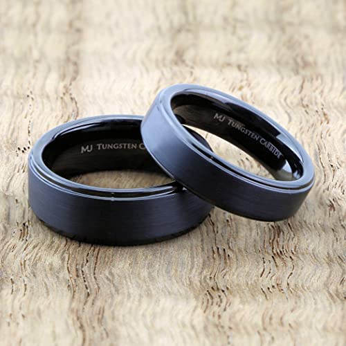 Tungsten Carbide Wedding Bands That Feature Different Finishes and Edge Colors - color: Black/Brushed-6mm