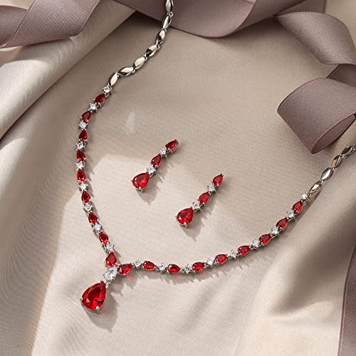 EVER FAITH Pear Shaped Cubic Zirconia Bridal Wedding Jewelry Set for Women | Gorgeous Water Drop Bride Necklace Dangle Earrings, for Bride Bridesmaid - color: Red