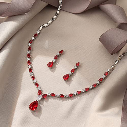EVER FAITH Pear Shaped Cubic Zirconia Bridal Wedding Jewelry Set for Women | Gorgeous Water Drop Bride Necklace Dangle Earrings, for Bride Bridesmaid - color: Red