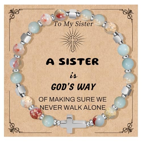Natural Stone Stretch Bracelet for Women - Holy Water Elastic Cross Bracelet | Christmas Christian Baptism Gift, Meaningful Gifts, Unique Gift for Friends Mom Daughter Sister - style: cross-To My sister