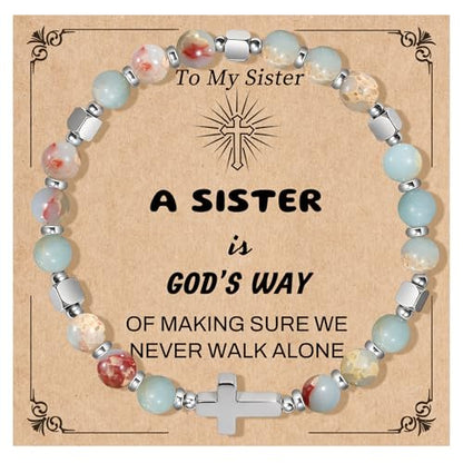 Natural Stone Stretch Bracelet for Women - Holy Water Elastic Cross Bracelet | Christmas Christian Baptism Gift, Meaningful Gifts, Unique Gift for Friends Mom Daughter Sister - style: cross-To My sister