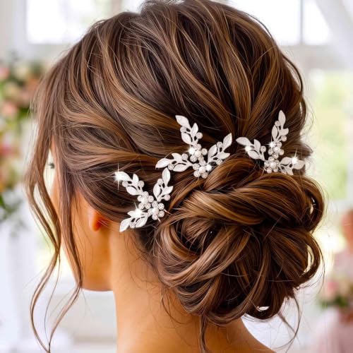 HEREAD Pearl Wedding Hair Pins Accessories for Women(Pack of 3) | Silver and Gold and Rose Gold Leaf Bridal Hair Clip Silver Rhinestone Pieces for Brides - color: B Silver