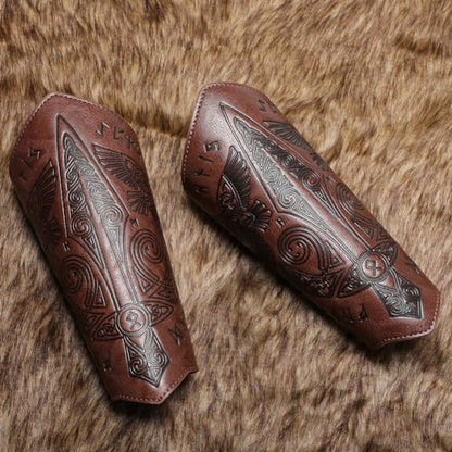 Medieval Leather Bracers Dragon Embossed Viking Leather Bracers Leather Arm Armer Cuff Leather Gauntlet Costumes Accessories - style: Medieval Sward Pattern Leather Bracers-light Brown