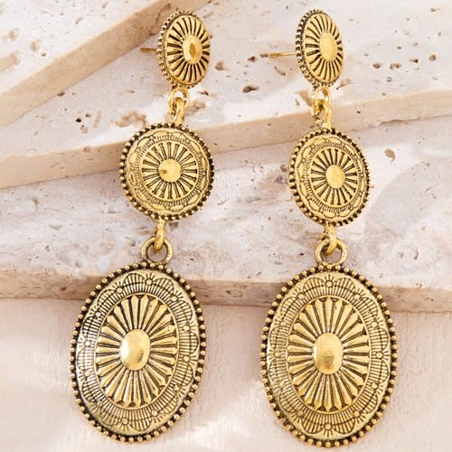 Boho Western Earrings for Women Western Feather Earrings Vintage Concho Turquoise Teardrop Dangle Earrings Country Concert Jewelry Accessories - style: Gold Oval Dangle