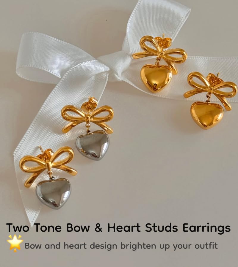 18K Gold Plated & Silver Chunky Heart & Bow Earrings for Women, Chunky Heart Dangle Hoops/Tiny Studs, Kawaii Dainty Hypoallergenic Jewelry for Multiple Piercings, Gift for Her - style: Bow and Heart