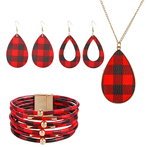 4 Pieces Faux Leather Earrings Necklace Bracelet Set 4 Pieces Christmas Plaid Stripe Jewelry Set Multi-Layer Leather Bracelet, Dangle Leather Earrings Necklace Glitter Jewelry Set for Women - color: black and red