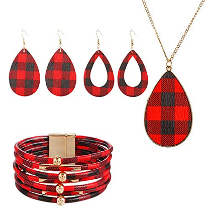 4 Pieces Faux Leather Earrings Necklace Bracelet Set 4 Pieces Christmas Plaid Stripe Jewelry Set Multi-Layer Leather Bracelet, Dangle Leather Earrings Necklace Glitter Jewelry Set for Women - color: black and red