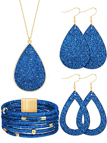 Hicarer 4 Pcs Jewelry Sets for Women Glitter Necklace and Earring Set Multi Layer Bracelet Costume Jewelry Sets for Bridal Shower Wedding - color: Navy Blue