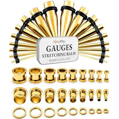 BodyJ4You 37PC Ear Gauge Stretching Kit 14G-00G - Aftercare Balm Tapers | Gauges for Ears Dead Stretching Lobe - Surgical Stainless Steel Single Flare Plugs - Flesh Tunnels O-Rings Expander Men Women - color: Goldtone, Screw Fit