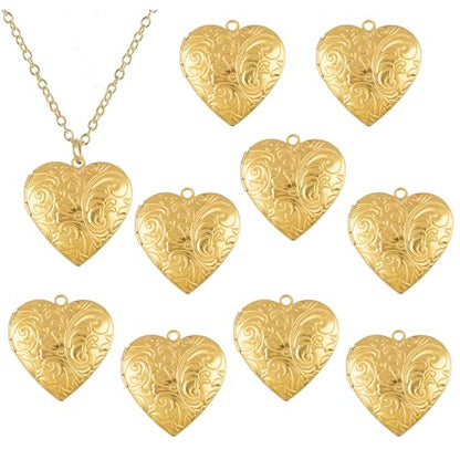 Framendino, 10 Pack Gold Stainless Steel Heart Locket Photo Picture Charms Pendants for Jewelry Making