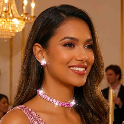 CLOACE Rhinestone Bridal Wedding Jewelry Set Sparkly Chocker Necklaces Earrings Prom Jewelry Accessories for Women - color: Purple