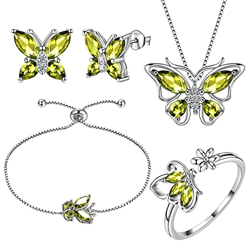 Aurora Tears Butterfly Jewelry,Women 925 Sterling Silver Butterflies Birthstone Pendant Necklace/Earrings/Rings Wedding Gift - color: H.August-set 3