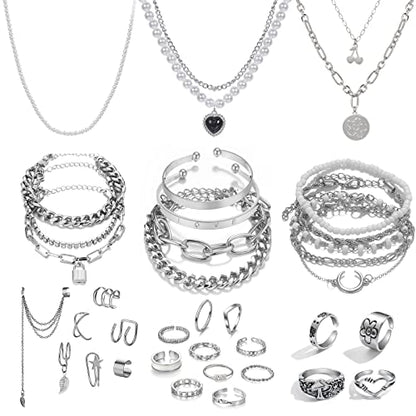 IFKM 36 PCS Silver Plated Jewelry Set with 3 PCS Necklace, 12 PCS Bracelet, 7 PCS Ear Cuffs Earring, 14 Pcs Knuckle Rings for Women Valentine Anniversary Birthday Friendship Gift - color: 36 Pcs Silver