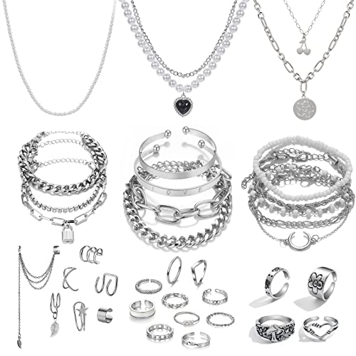 IFKM 36 PCS Silver Plated Jewelry Set with 3 PCS Necklace, 12 PCS Bracelet, 7 PCS Ear Cuffs Earring, 14 Pcs Knuckle Rings for Women Valentine Anniversary Birthday Friendship Gift - color: 36 Pcs Silver