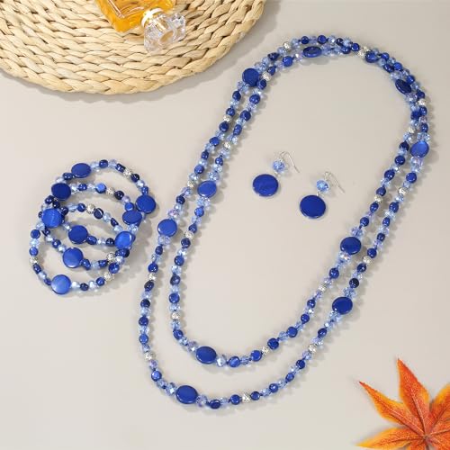 Trendy Infinity Wrap 60’’ Long Statement Necklace, Earrings and Bracelet Set - Hand Knotted Versatile Crystal and Shell Beads Strand Necklace and Chunky Beaded Stretch Bracelet Stack – Jewelry Set Gift for Women - color: Navy Blue