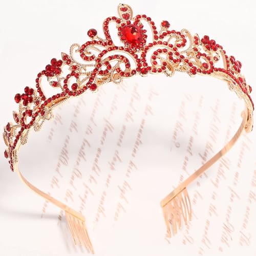 TAROSE Tiaras for Women, Birthday Crown and Sash for Girls | Birthday Sash Sunglasses Outfit, Birthday Gift for Women Girls, Goddess Crown Bride/Halloween/Prom/Party/Costume - color: 1 K. Gold+red