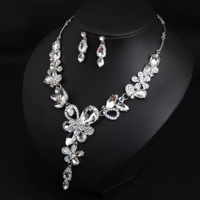 Rhinestone Crystal Bridal Necklace Floarl Art Deco Teardrop Collar Necklace Dangle Earrings Jewelry Set for Women - color: Silver