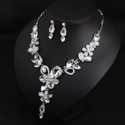 Rhinestone Crystal Bridal Necklace Floarl Art Deco Teardrop Collar Necklace Dangle Earrings Jewelry Set for Women - color: Silver