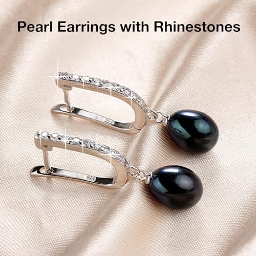 Pearl Jewelry Set For Women Pearl Pendant Necklace & Pearl Earrings with Sparkling Rhinestones 925 Sterling Silver Freshwater Pearl Drop Jewelry Set for Wedding Prom Gift - color: Silvery-Black