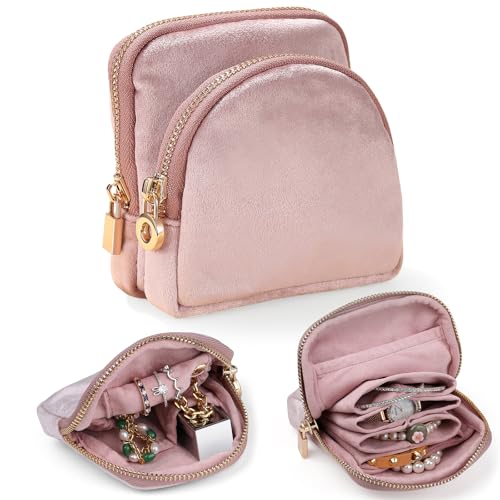 Small Travel Jewelry Case 2-in-1 Detachable Velvet Jewelry Bag Set | Portable Dual-Pouch Jewelry Organizer with Zippered Pouches and Divided Storage for Rings, Earrings, Bracelets & Accessories - color: Blush Pink